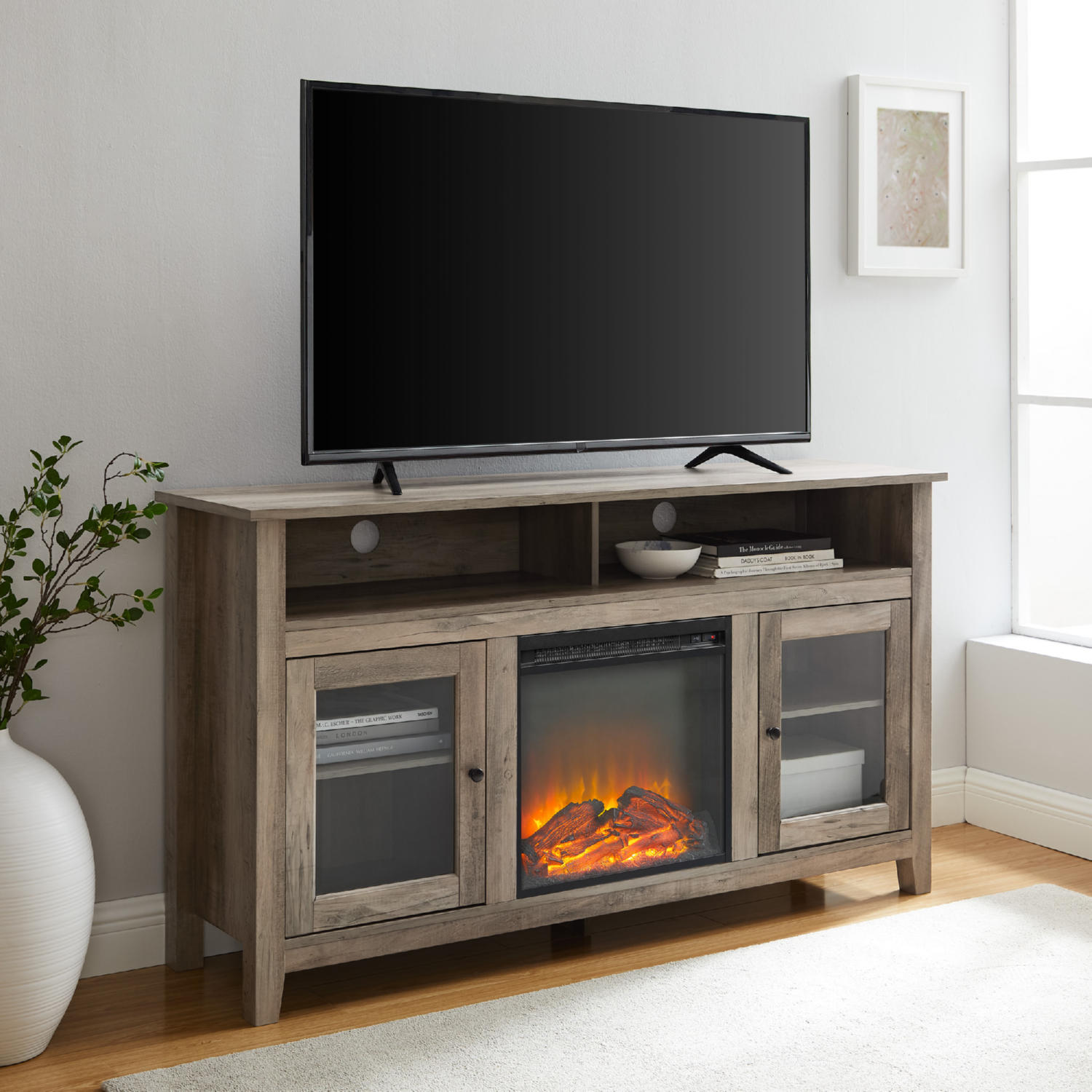 Walker Edison W58FP18HBGW 58 Transitional Fireplace Glass Wood TV Stand in  Grey Wash