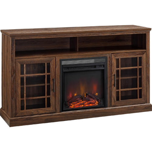 Hazel 58" Highboy Fireplace TV Stand with Glass Door in Dark Walnut & Metal