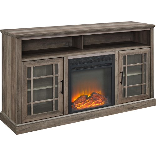 Hazel 58" Highboy Fireplace TV Stand with Glass Door in Grey Wash & Metal