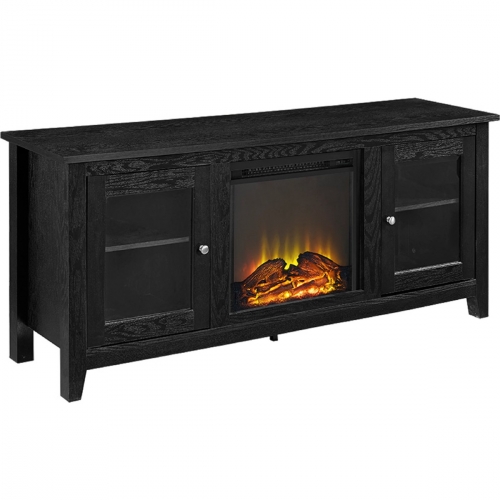 58" Black Wood Fireplace TV Stand with Doors