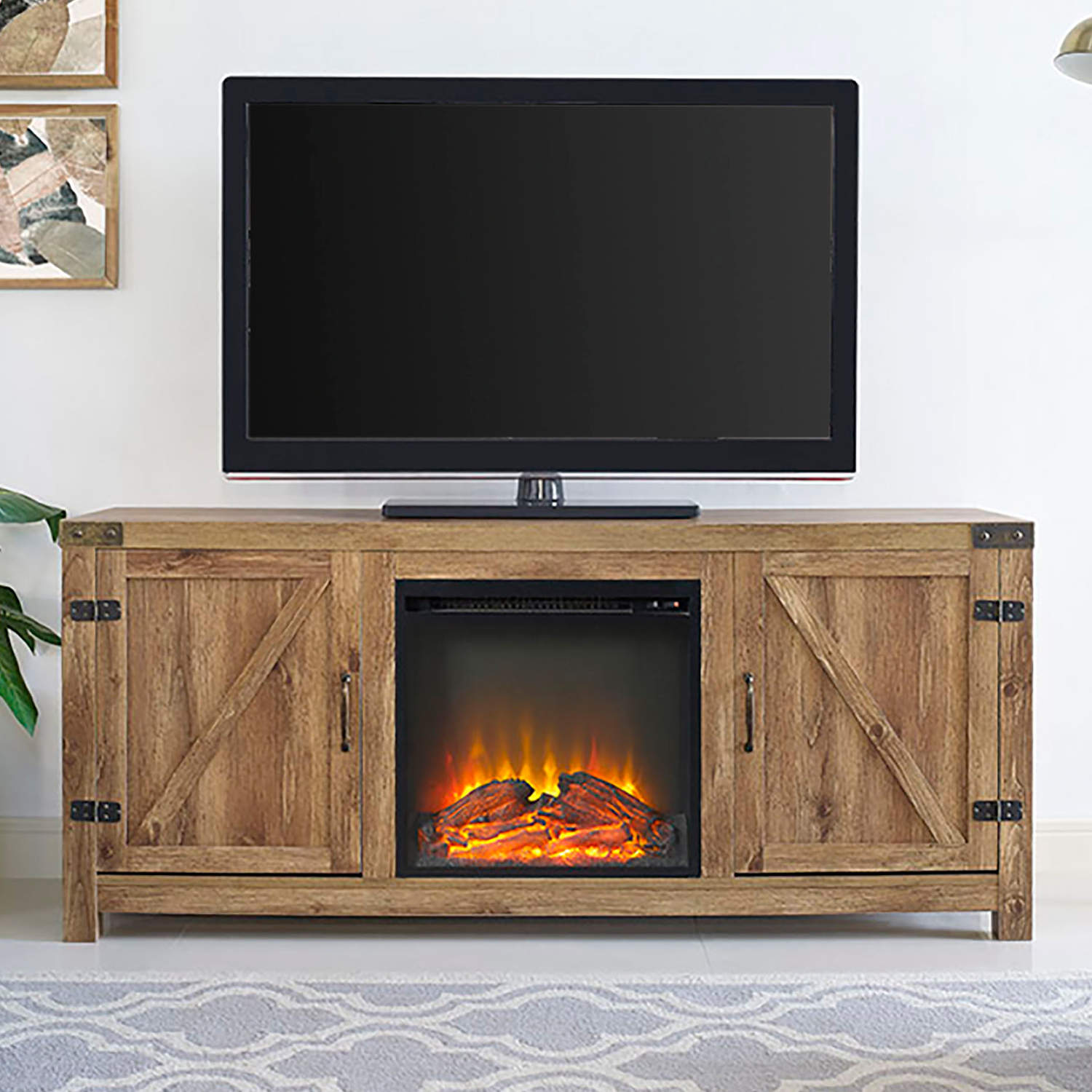 Walker Edison W58FPBDBW 58" Barn Door Fireplace TV Stand in Barnwood