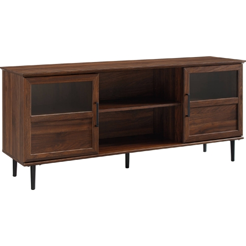 58" Glass & Wood Split Panel Door TV Stand in Dark Walnut