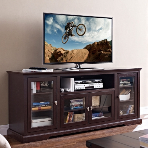 70" Highboy Style Wood TV Stand in Espresso with Glass Doors