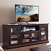 70" Highboy Style Wood TV Stand in Espresso w/ Glass Doors