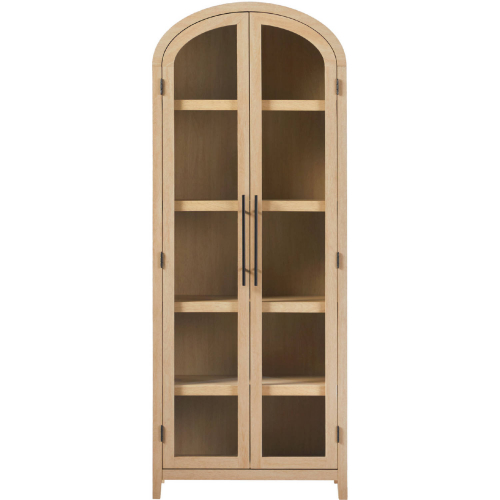 Chantelle Arched Bookcase with Glass Doors in Coastal Oak Finish Wood