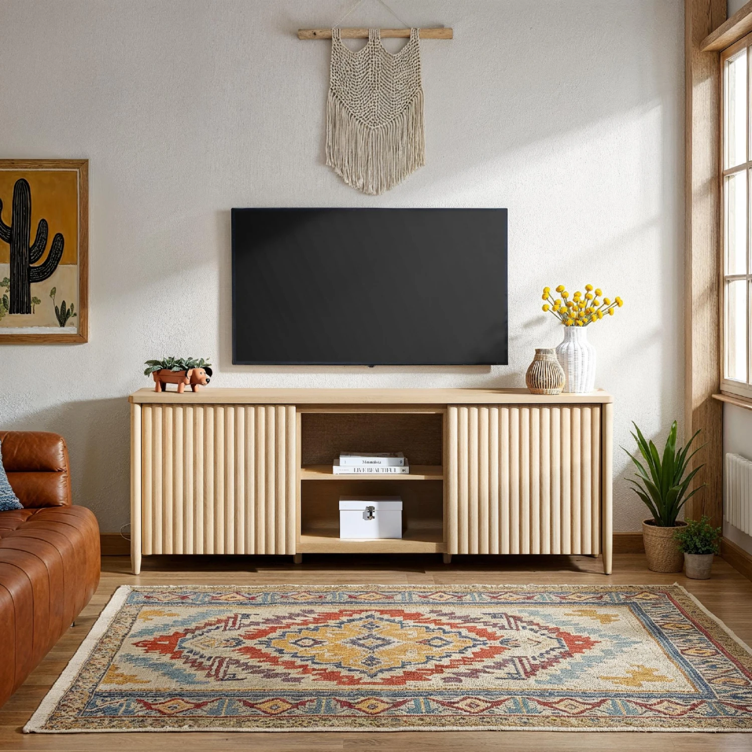 Flynn 70.50" Reeded TV Stand w/ Storage in Coastal Oak Finish Wood