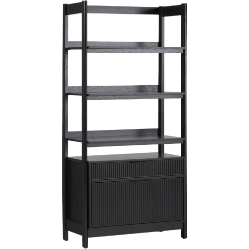 Holmes Wide Bookcase with Two Reeded Drawers in Black Finish