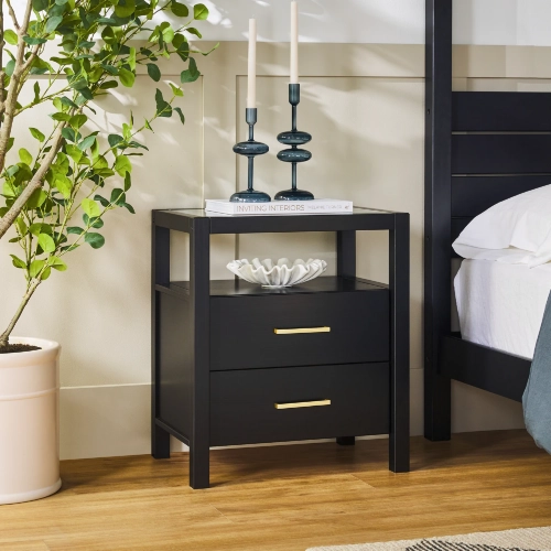 Isla 2 Drawer Nightstand Side Table in Black Finish Solid Wood & Tempered Glass