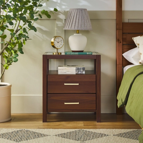 Isla 2 Drawer Nightstand Side Table in Walnut Finish Solid Wood & Tempered Glass