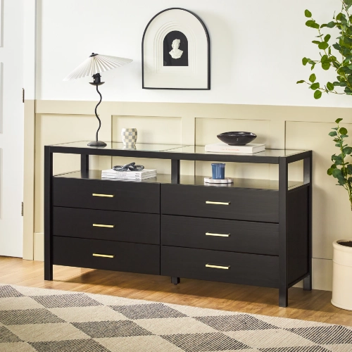 Isla 6 Drawer Dresser in Black Finish Solid Wood & Tempered Glass