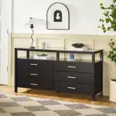 Isla 6 Drawer Dresser in Black Finish Solid Wood & Tempered Glass