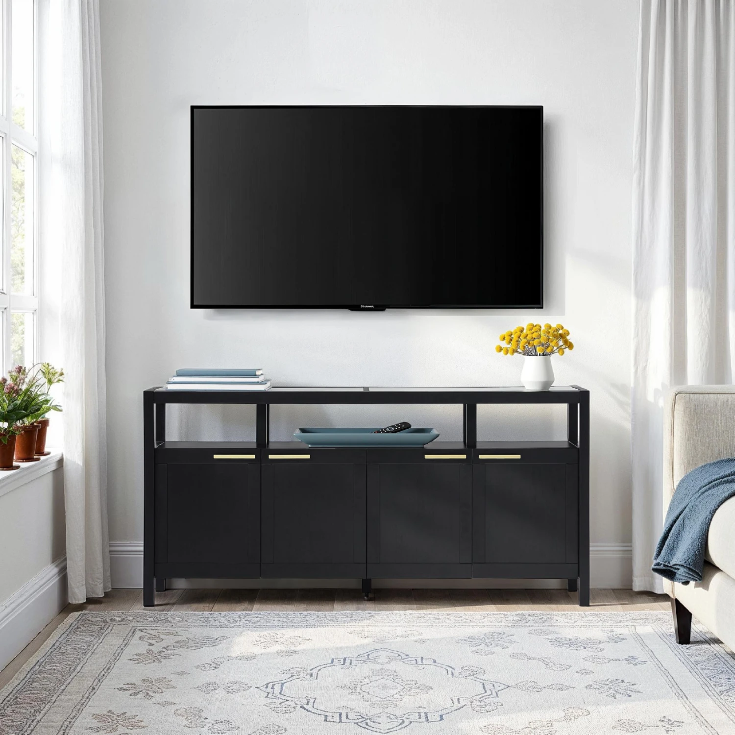 Isla 58" TV Stand in Black Finish Solid Wood & Tempered Glass