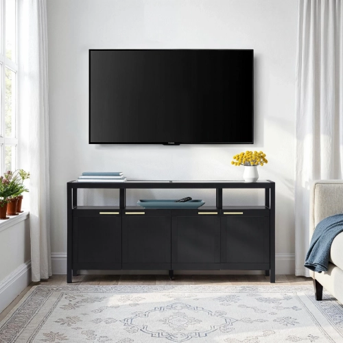 Isla 58" TV Stand in Black Finish Solid Wood & Tempered Glass