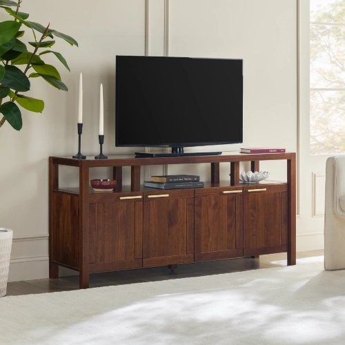 Isla 58" TV Stand in Walnut Finish Solid Wood & Tempered Glass