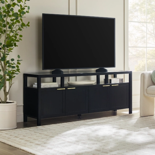 Isla 70" TV Stand in Black Finish Solid Wood & Tempered Glass