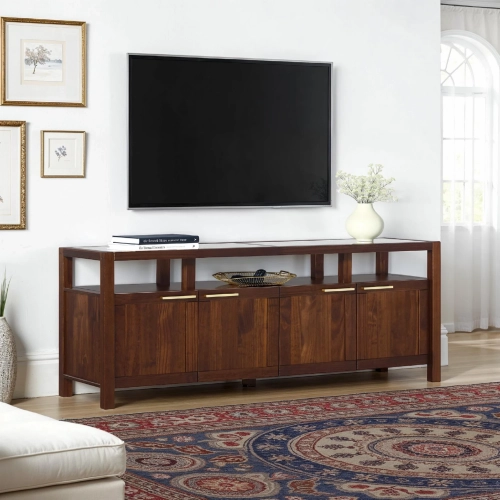 Isla 70" TV Stand in Walnut Finish Solid Wood & Tempered Glass