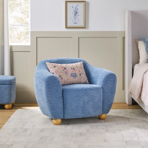Linley Lounge Accent Chair in Soft Blue Boucle Fabric & Wood