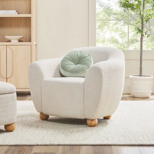 Linley Lounge Accent Chair in Ivory Boucle Fabric & Wood