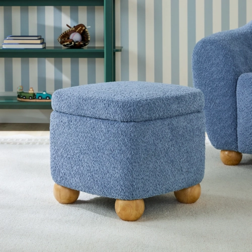 Linley 17.50" Storage Ottoman in Soft Blue Boucle Fabric & Wood