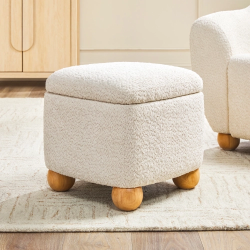 Linley 17.50" Storage Ottoman in Ivory Boucle Fabric & Wood