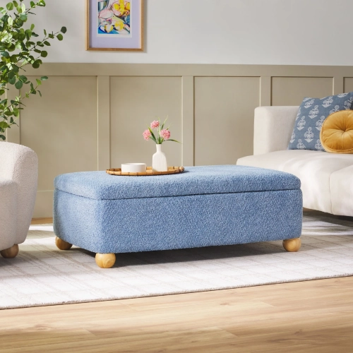 Linley 48" Storage Ottoman in Soft Blue Boucle Fabric & Wood