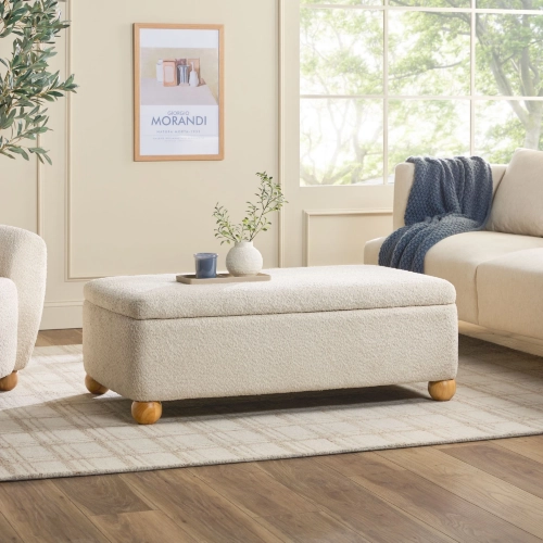 Linley 48" Storage Ottoman in Ivory Boucle Fabric & Wood