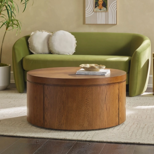 Maya 36" Round Coffee Table w/ Hidden Storage in Medium Brown Oak Finish Wood