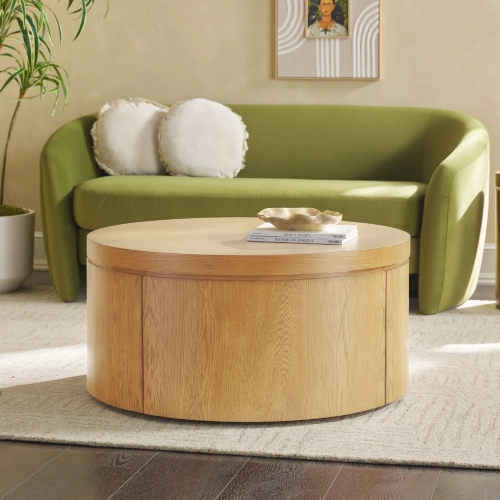 Maya 36" Round Coffee Table w/ Hidden Storage in White Oak Finish Wood