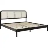 Neru King Bed w/ Curved Rattan Headboard in Black Finish Wood