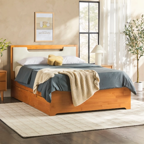 Queen Storage Bed w/ 2 Drawers in Caramel Finish Wood & Neutral Fabric