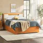 Queen Storage Bed w/ 2 Drawers in Caramel Finish Wood & Neutral Fabric