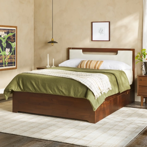 Queen Storage Bed w/ 2 Drawers in Walnut Finish Wood & Neutral Fabric