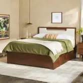 Queen Storage Bed w/ 2 Drawers in Walnut Finish Wood & Neutral Fabric