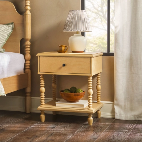 Vivienne Spindle 1 Drawer Nightstand in Natural Finish Wood