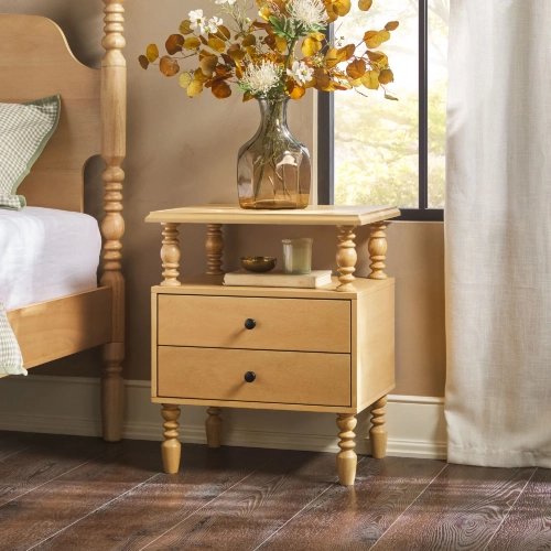 Vivienne Spindle 2 Drawer Nightstand in Natural Finish Wood