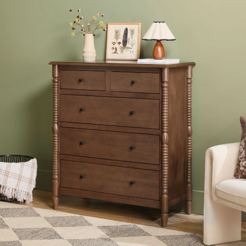 Vivienne Spindle 5 Drawer Dresser in Dark Brown Finish Wood