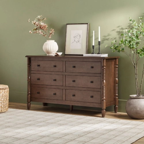 Vivienne Spindle 6 Drawer Dresser in Dark Brown Finish Wood