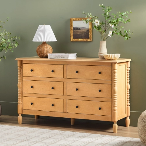 Vivienne Spindle 6 Drawer Dresser in Natural Finish Wood
