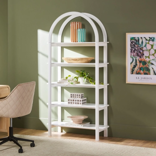 Zoey Arched Storage Bookcase in White Finish Wood