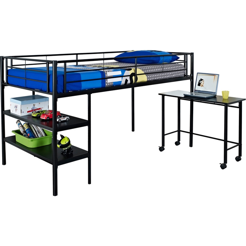Walker Edison BTLD46SPBL Twin Loft Bed w/ Desk & Shelves in Black