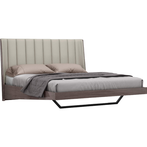 Berlin King Bed in High Gloss Chestnut Grey & Channel Tufted Light Grey Eco Leather