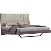 Berlin King Bed in High Gloss Chestnut Grey & Channel Tufted Light Grey Eco Leather