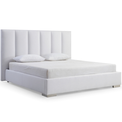 Velvet Queen Bed in Vertical Channel Tufted Pure White Linen