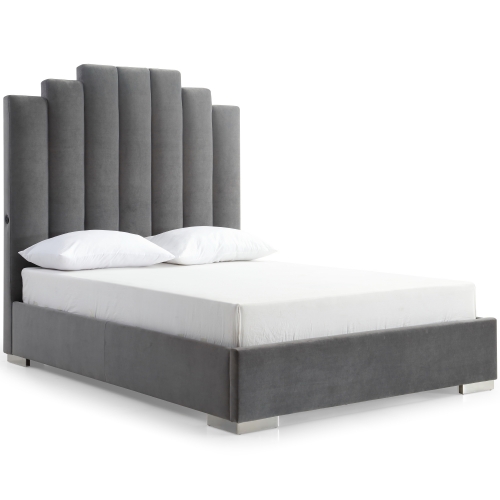 Jordan Queen Bed in Gray Velvet & Chrome with Double USB in Headboard