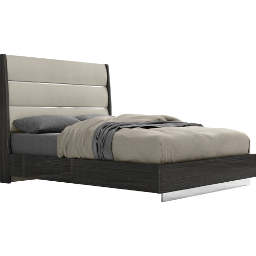 Pino Queen Bed in Gloss Dark Grey, Light Grey Leatherette & Stainless