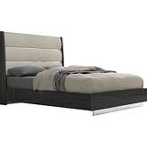 Pino Queen Bed in Gloss Dark Grey, Light Grey Leatherette & Stainless