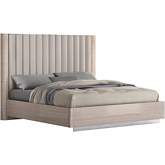 Waves Queen Bed in High Gloss Beige, Beige Fabric & Stainless Steel