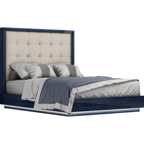 Alexander Queen Bed with LED in High Gloss Saphire Blue & Tufted Light Grey Leatherette