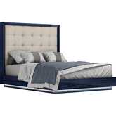 Alexander Queen Bed with LED in High Gloss Saphire Blue & Tufted Light Grey Leatherette