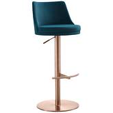 Carter Adjustable Swivel Bar Stool in Blue Velvet & Rose Gold Metal